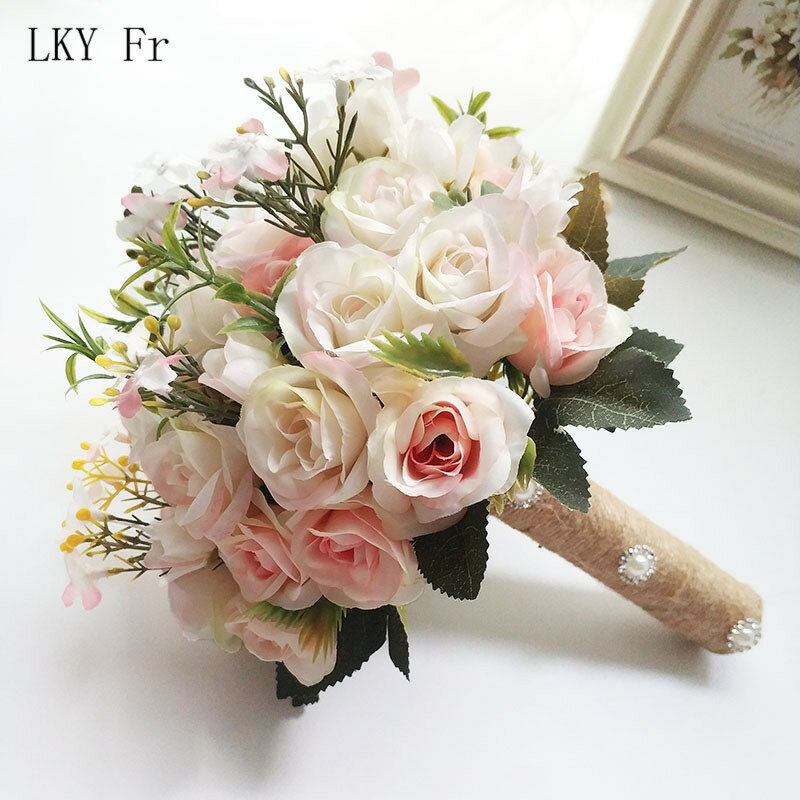 LKY Fr งานแต่งงานช่อดอกไม้แต่งงานอุปกรณ์เสริมขนาดเล็กเจ้าสาวช่อดอกกุหลาบผ้าไหมช่อดอกไม้สำห...
