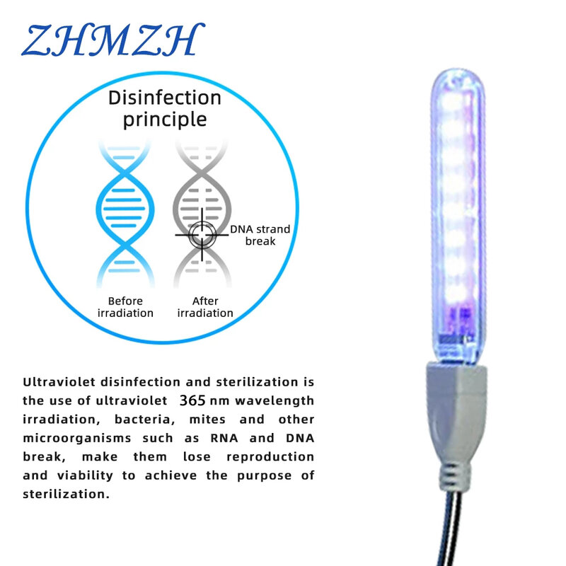 Lámpara Ultravioleta LED de onda corta, luces esterilizantes portátiles de UVA, Mini lámpara de desinfección UV, luz germicida DC5V, 8LED