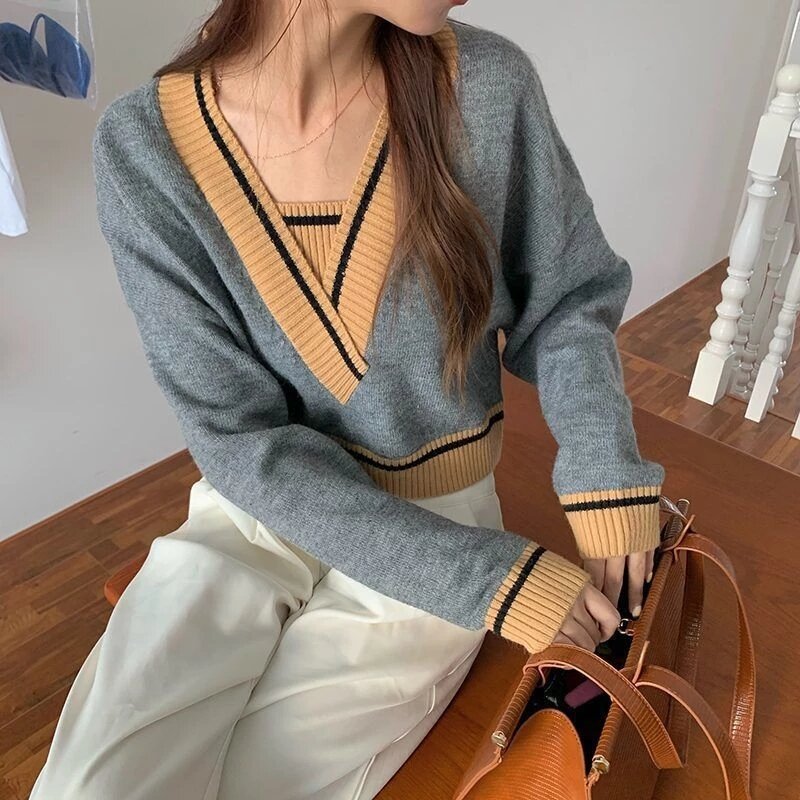 Herbst V-ausschnitt pullover Frauen Mode Casual Koreanische Stricken Vintage Pullover Weibliche Harajuku Frühjahr Kurze Pullover Tops