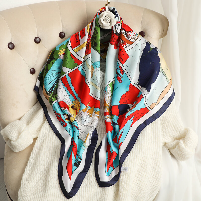 Женский атласный квадратный шарф с цветочным принтом, 90x90 см