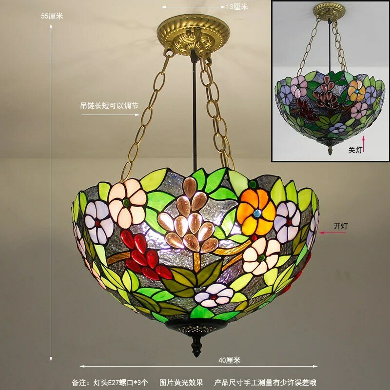 Art Retro Pendant Lamp 30/40/45/48/50cm Stained Glass Lampshade Hanging Light Multicolored Turkish Style Lighting Fixture