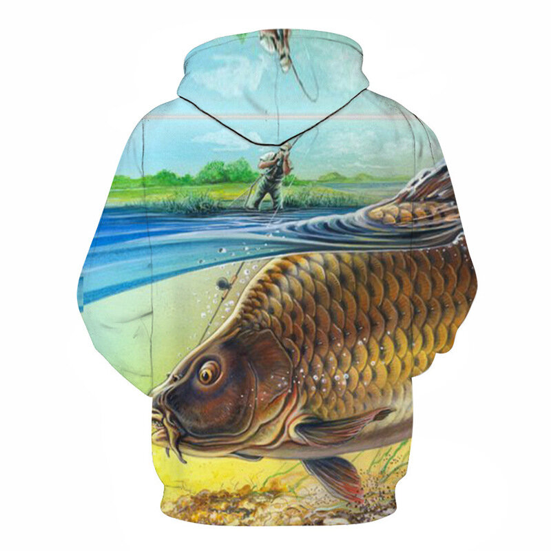 3D 물고기 까마귀 남자 운동복 재미 있은 열대 어부 참치 인쇄 봄과 가을 개성 두건이있는 스웨터