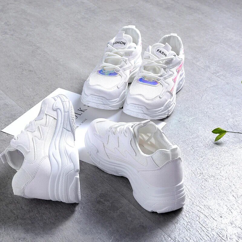 Zapatillas deportivas de malla transpirable para mujer, zapatos informales con cordones sólidos, con cuñas, plafón, Otoño, 2020
