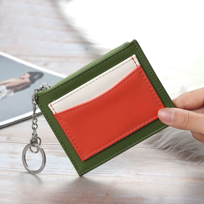 New Women's Short Color Stitching Ultra-Thin Zipper with Key Ring Wallet