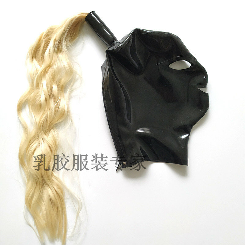Hot Adults Game Latex Hood rubber Mask with hairpieces wigs ponytails handmade with back zipper Sexy Adults Game Cosplay Mask