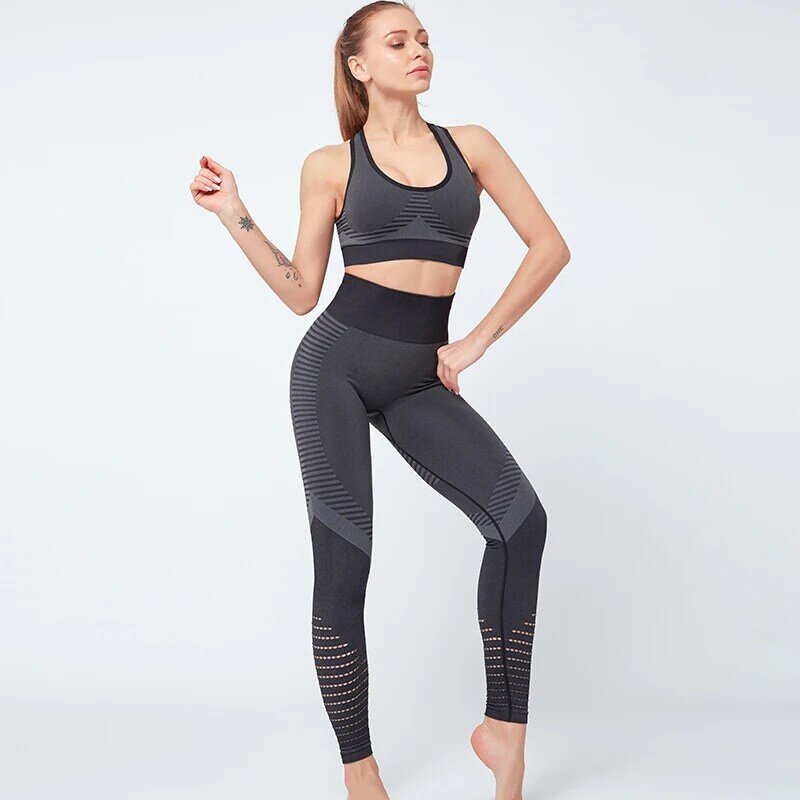 Frauen Nahtlose Yoga Set Workout Sportswear Gym Kleidung Fitness Langarm Crop Top Hohe Taille Leggings Sport-Bh Laufen Hose