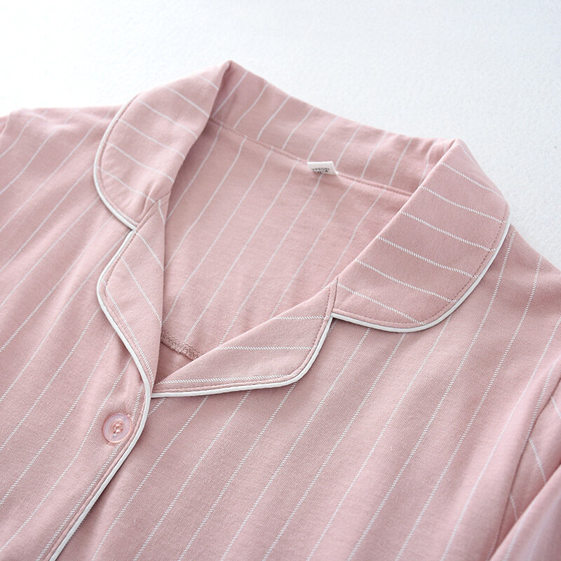 Conjuntos de pijamas femininos 100% algodão, camisa com gola virada + calças, manga comprida, listra, roupas de casa para outono