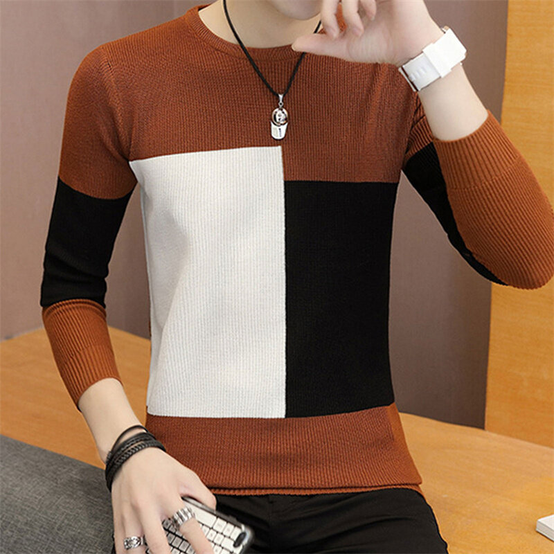 Autumn Winter Warm Sweaters Men's O-Neck Contrast Sweaters Male Knitted Cashmere Pullover