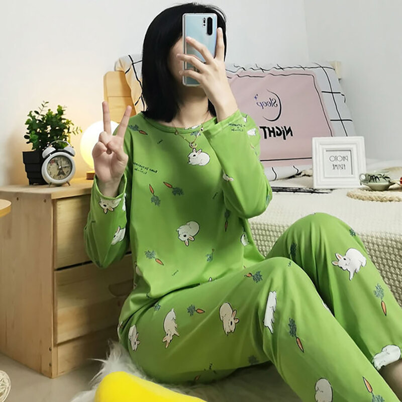 Primavera outono sleepwear sleepwear sleepwear manga longa mulher 2 pcs pijamas conjunto estampado algodão sleepwear