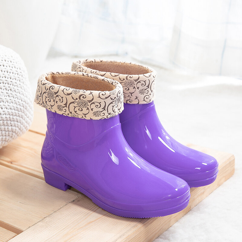 ยางผู้หญิง Galoshes กำมะหยี่สั้นสีม่วงสำหรับรองเท้ากันน้ำตกปลาฤดูหนาวครอบคลุมฝน Rain Boot LL50YX