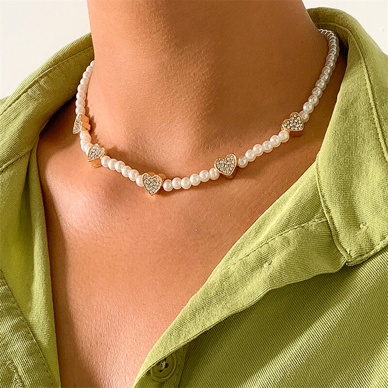 Ailodo elegante collana di perle per donne ragazze romantico cuore di cristallo collana girocollo festa nuziale gioielli moda regalo di compleanno