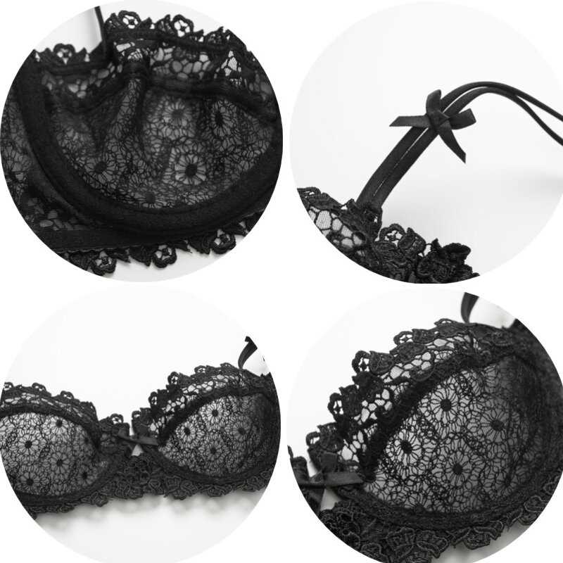 Sexy Women Bra Panties Sets Transparent Lace Underwear Push Up Embroidery Brassiere Big Size Ultra-thin Cup Underwire Lingerie