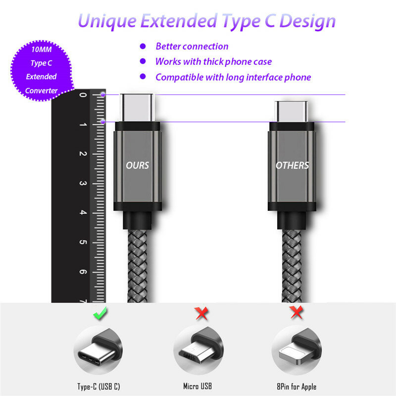 10 مللي متر طويل USB نوع C تمديد موصل كابل شحن ل Blackview BV9800/BV9600/برو Oukitel K10000 ماكس USB-C شاحن كابل