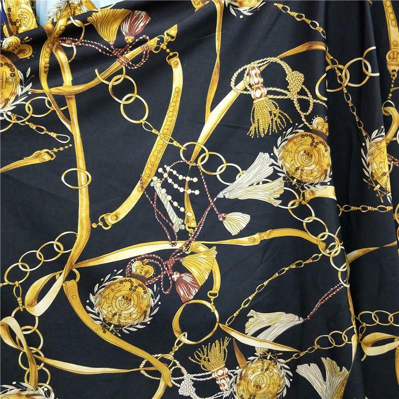 الموضة الكلاسيكية الرجعية سلسلة الطباعة الشيفون الألياف الكيميائية سميكة النسيج فستان الرياح الخفافيش الملابس لينة وخفيفة نسيج فاخر