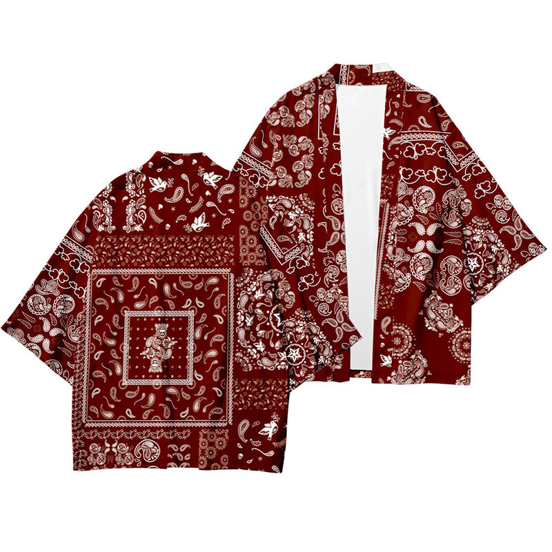 Homem haori samurai quimono e calça terno camisa roupas tradicionais masculino vermelho estampado cardigan japonês obi yukata