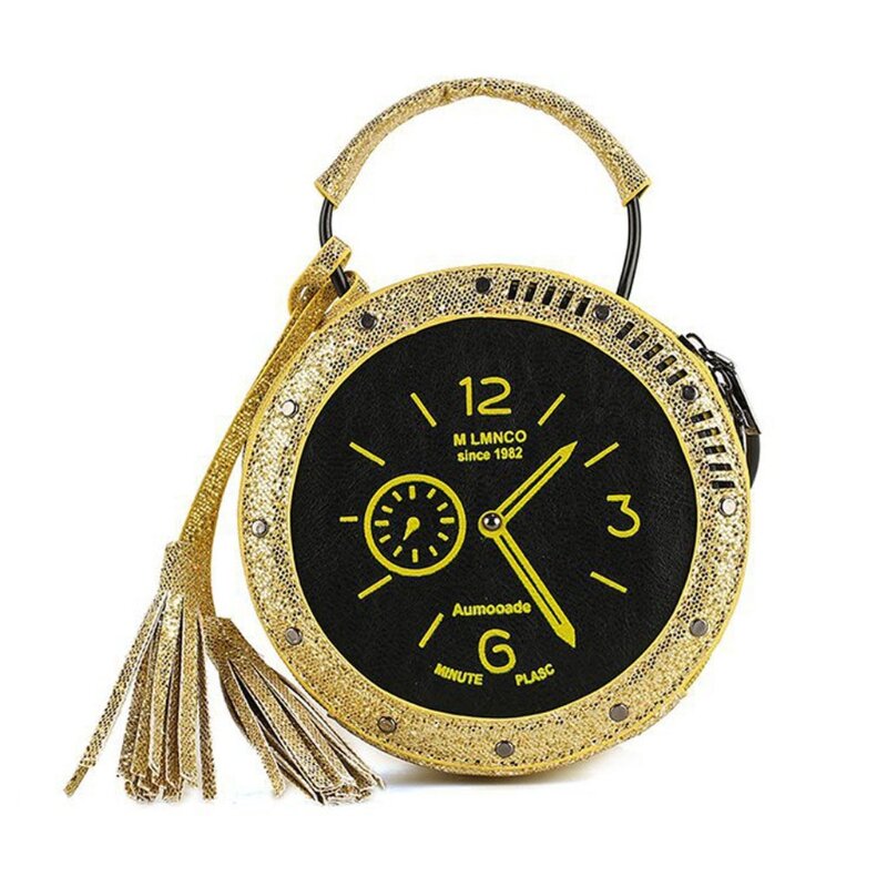 Bolso cruzado con forma de reloj para mujer, bandolera de piel sintética con lentejuelas, bolso de mano con borla, L41B