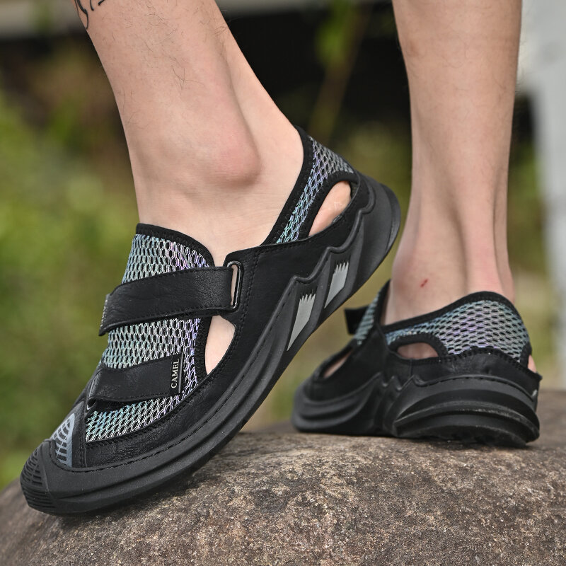 Męskie sandały skórzane modna siatka szwy letnie sandały plażowe Outdoor Gladiator obuwie światło zewnętrzne casualowe sandały duże rozmiary