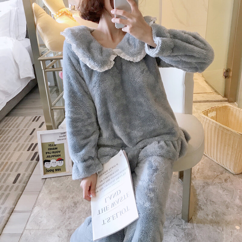 Women's Pajamas Autumn and Winter Coral Fleece Two-Piece Suit Fog Blue Cute Flannel Thickened Spring Can Be Outerwear Homewear