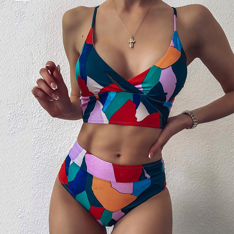 Mossha multicolorido sexy conjunto de biquíni bandeau cintura alta biquíni 2020 push up maiô feminino retro impresso