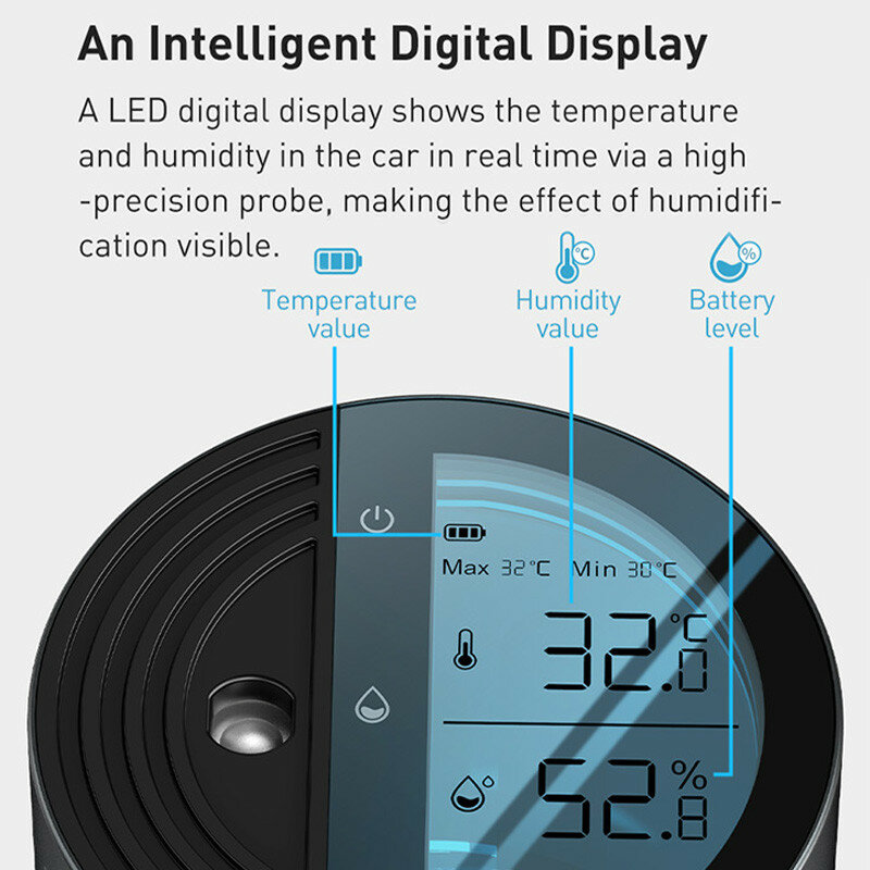 Para baseus umidificador de ar do carro alumínio com display digital led para carro escritório em casa acessório sem fio auto umidificador para carro