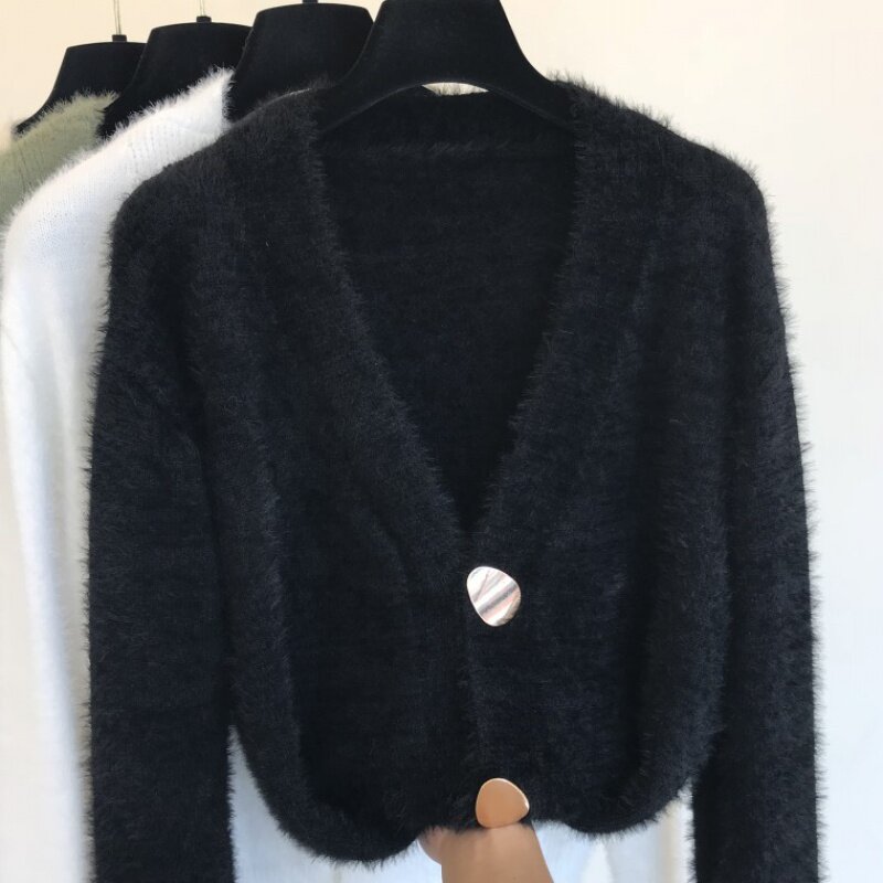 ゴールデン光沢のあるボタンシングルブレストウール女性2021新カーディガンズセーターカジュアル女性暖かいエレガントなコートかわいいセーター936i