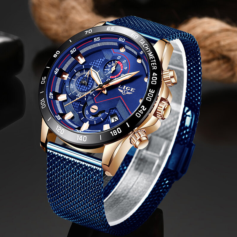 LIGE-reloj analógico de cuarzo para hombre, accesorio de pulsera resistente al agua con cronógrafo, complemento Masculino deportivo de marca de lujo con diseño moderno en color azul