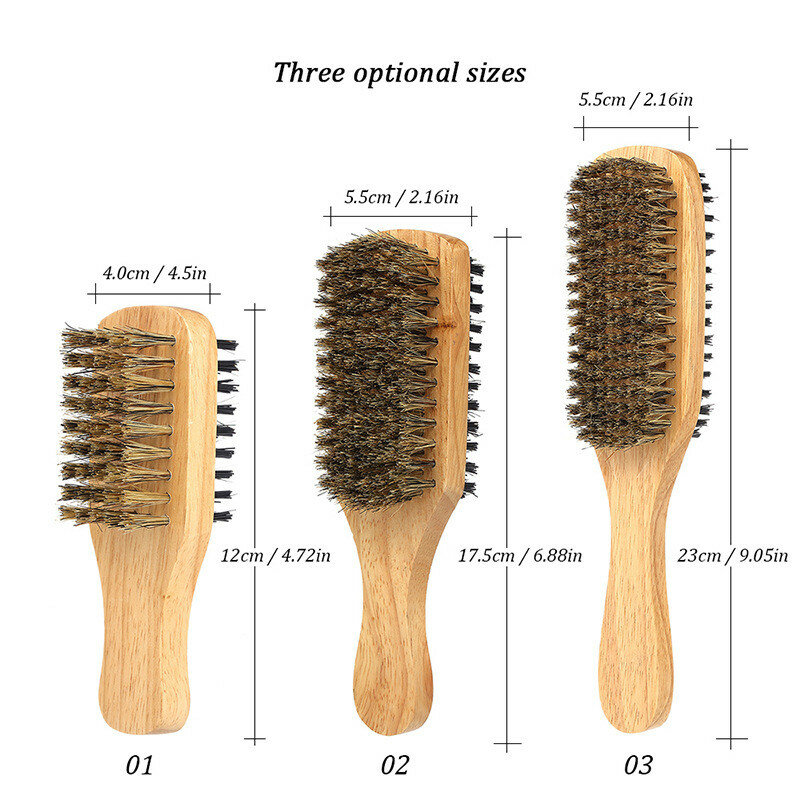 3ขนาด Pure Boar Bristle แปรงผมไม้ธรรมชาติ Handle Wave หวี Fluffy Comb สำหรับบุรุษ Beard จัดแต่งทรงผมหนวดแปรง