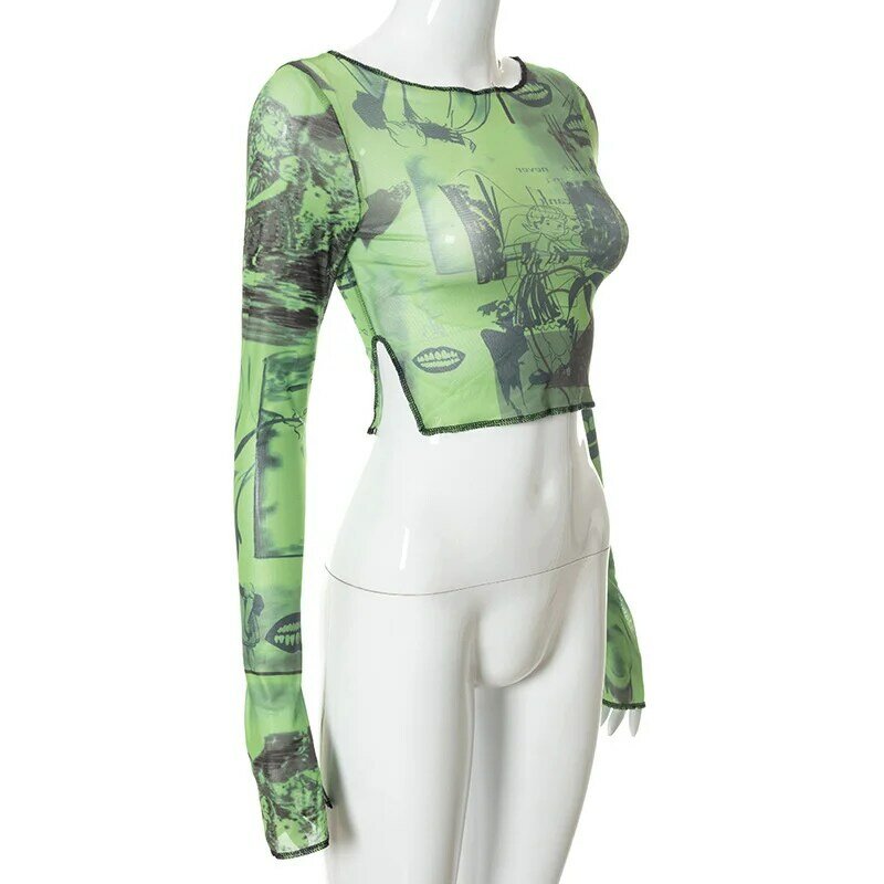 Hirigin-섹시한 시스루 크롭 탑 Y2K 빈티지 그래픽 프린트 그린 메쉬 쉬어 티셔츠, 긴 플레어 슬리브 슬림핏 티, 여성 의류