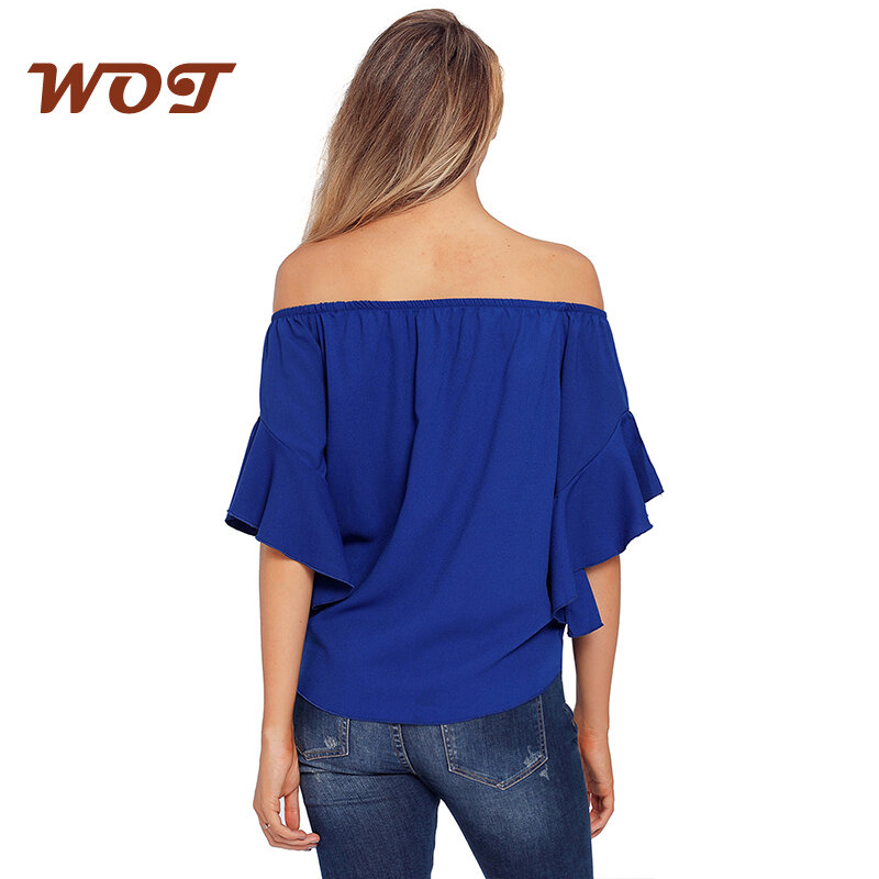 2021 Summer New One-Neck Chiffon Shirt Women'S Solid Color Ruffled Lace-Up Blouse