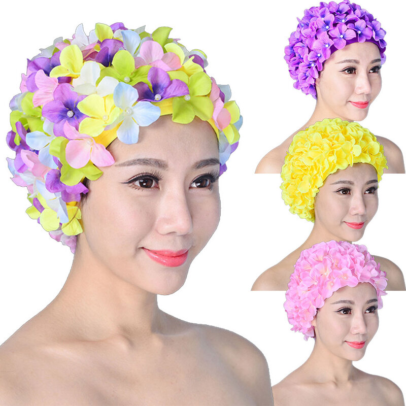 Topi Renang Pantai Buatan Tangan Wanita Ukuran Bebas Rambut Panjang Lembut Bersirkulasi Menyelam Perlindungan Unik Bunga Olahraga Air Elastis Solid