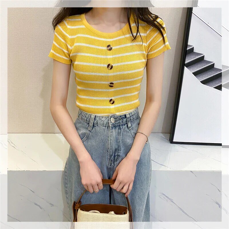 CMAZ New T Shirt Women Striped Tops Slim Fit Tees Streetwear Summer T-shirt Short Sleeve Korean Clothes Yellow Tops 1708#