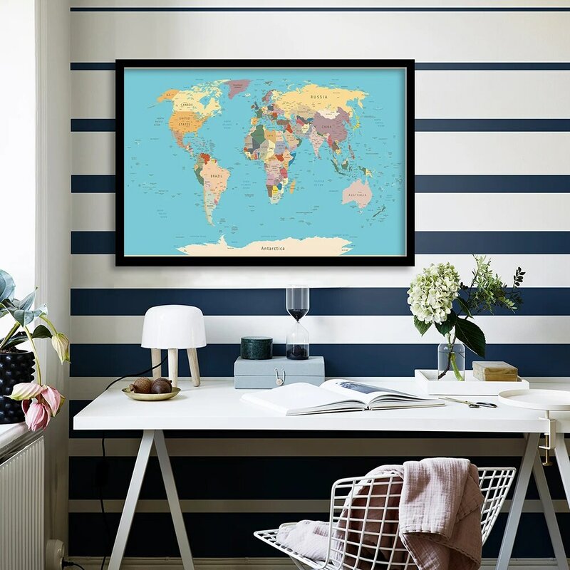 84*59cm światowa mapa polityczna dekoracyjne płótno malarstwo ścienne plakat artystyczny przybory szkolne dla dzieci salon dekoracji wnętrz