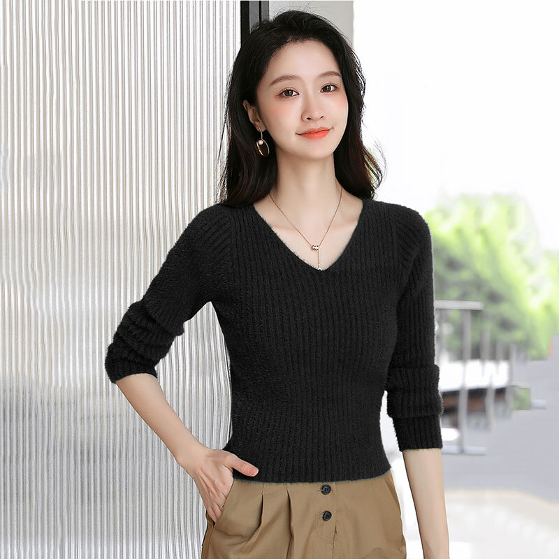 Korean Fashion Blue Thick Slim Women Sweater Pullover Autumn Winter 2022 Short Soild Vintage Knit Jumpers Tops Warm Soft Pull