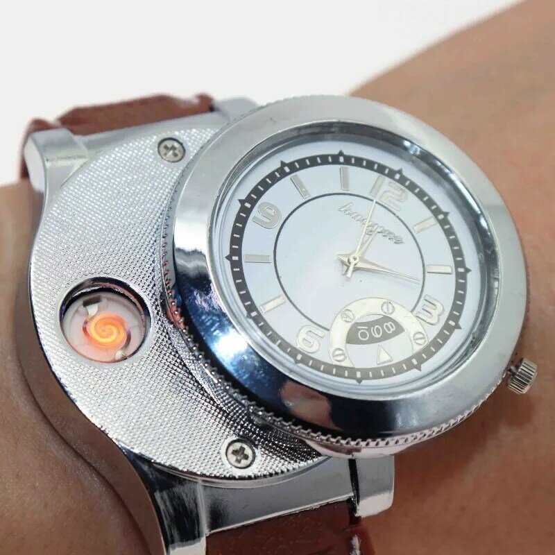 Cigarette Lighter Watch for Men Fashion Casual Quartz Mens Watches USB Rechargeable Flameless Lighter Clock Male Gift F668 1pcs