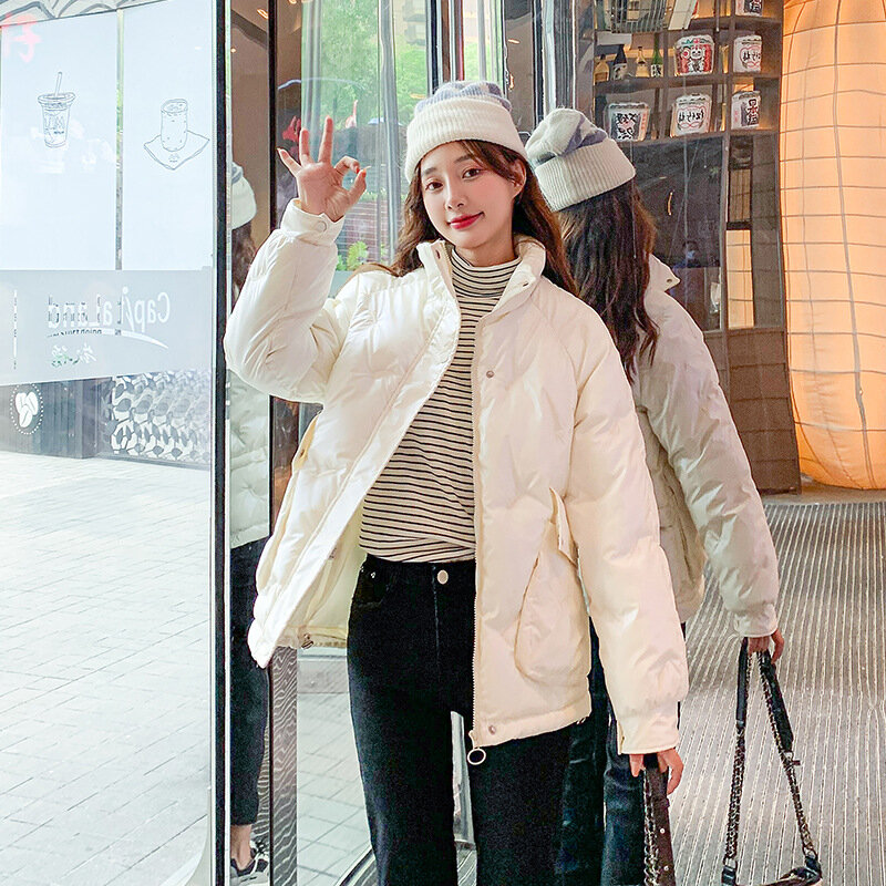 女性のためのルーズで暖かい刺繍のコート,韓国スタイル,スタンドカラー,光沢のある,冬の服,2021