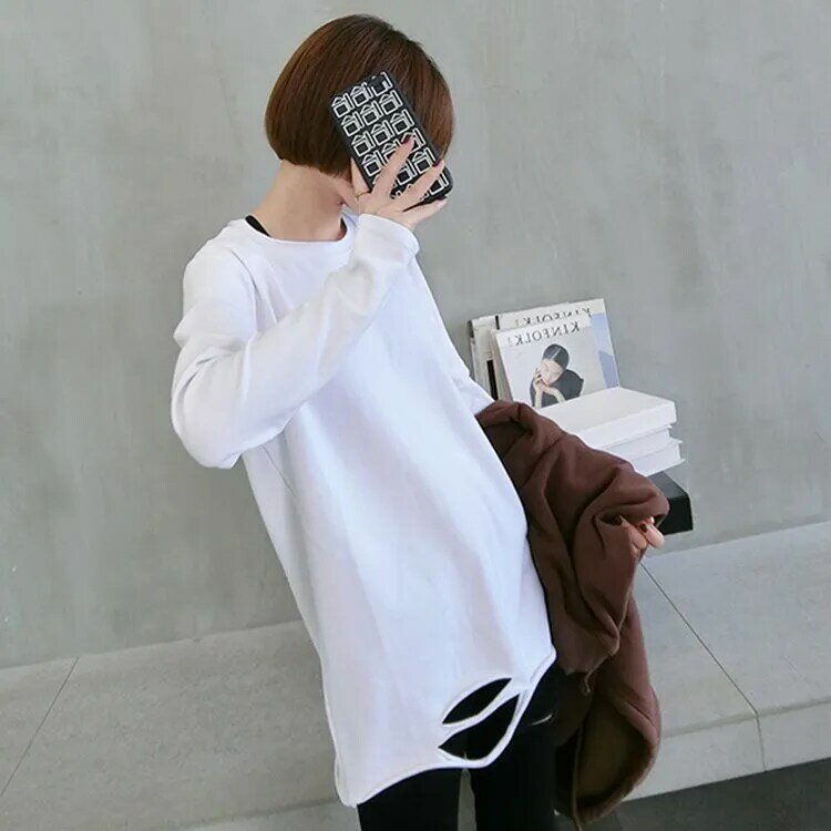 2021 Spring and Autumn New Internet Celebrity White Bottoming Shirt Women's Loose Mid-Length Inner Wear Ripped Long Sleeve