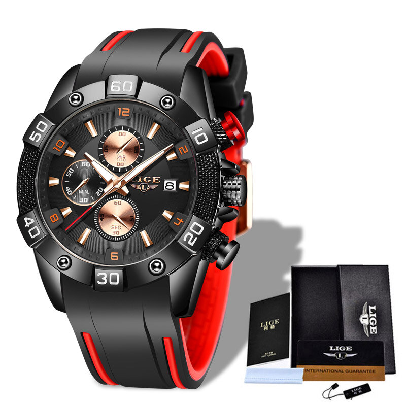 2020LIGE New Waterproof Mens Watches Top Luxury Silicone Strap Watch Men Casual Sport Quartz Watch Chronograph Relogio Masculino