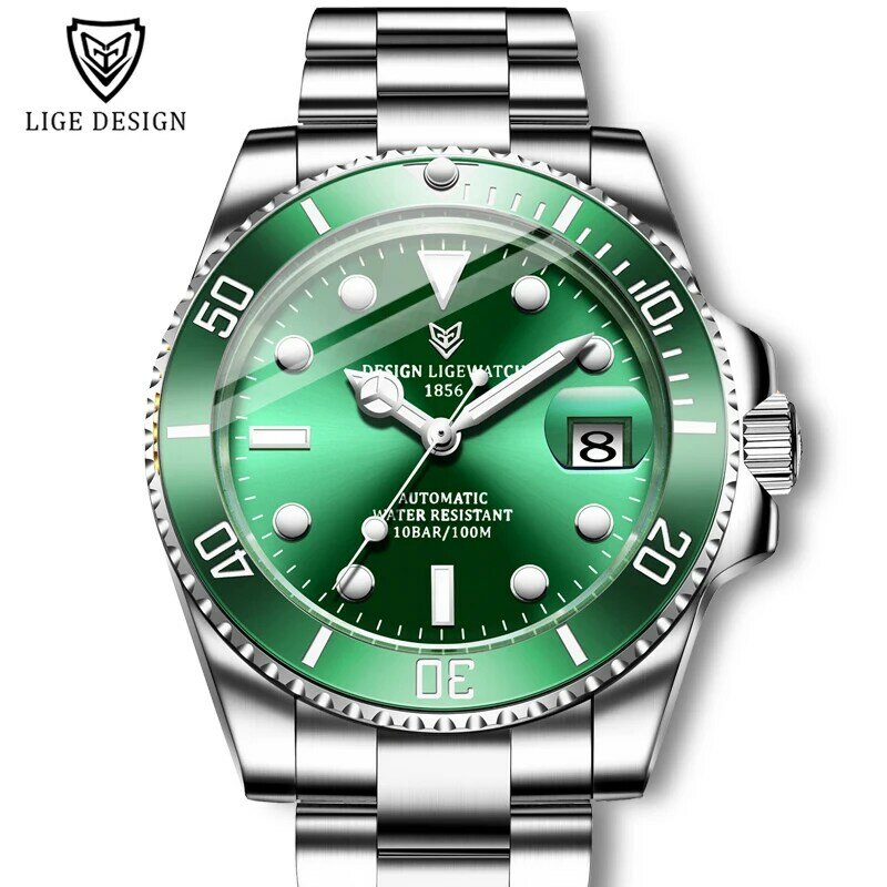 2021 ligeビジネス腕時計メンズ自動機械式トゥールビヨン時計ファッションフルスチール100防水グリーン水ゴースト腕時計メンズ