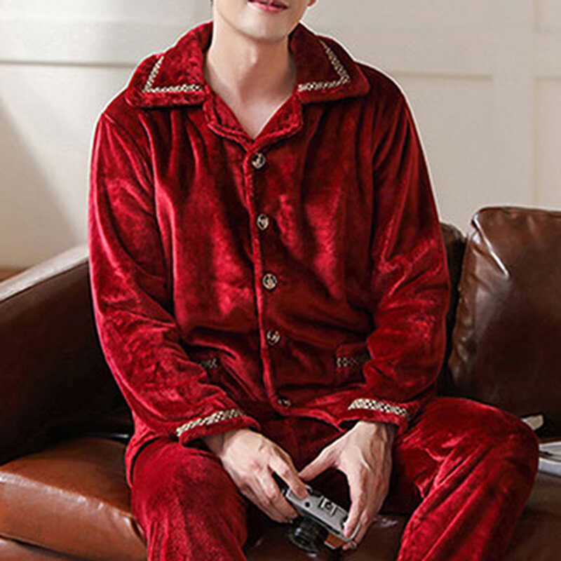 Пижамный комплект мужской фланелевый, с длинным рукавом, Осень-зима
