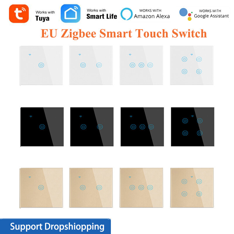 1/2/3/4 gang EU Zigbee Smart Touch Switch Home Wall Button for Tuya Smart Life APP,Compatible with Alexa Google Home,Need Hub