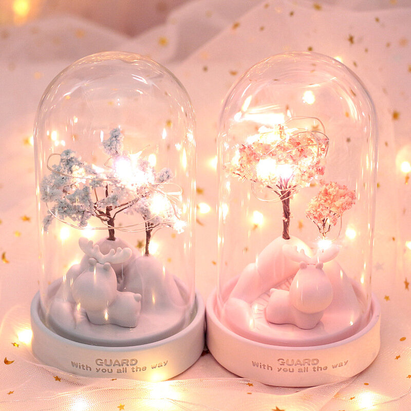 Luz LED de noche de resina de dibujos animados, lámpara de estrella de flor de Sakura, guardián, ciervo, decoración romántica para dormitorio, niño y niña, regalo de cumpleaños y Navidad