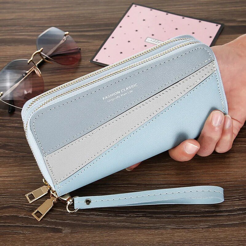 Frauen Doppel-reißverschluss Lange Große Kapazität Stitching Kontrast Farbe Brieftasche
