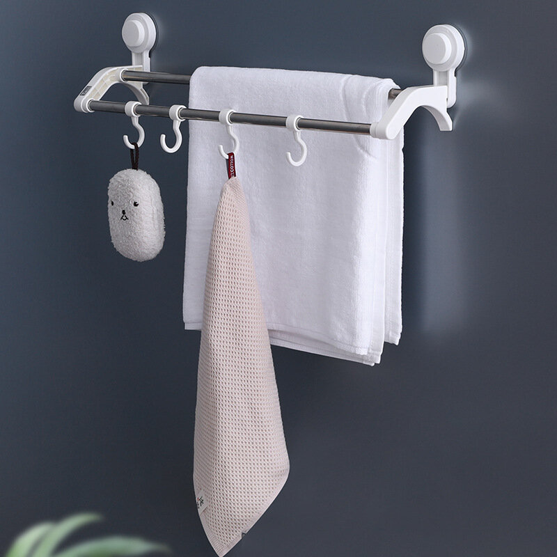 Stainless Steel Punch-free Double Towel Holder with Movable Hooks Wall Shelf Storage Rack WC Accessories Kitchen Seasoning Stora