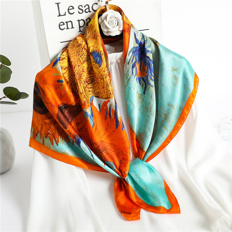 Druk kwiatowy kobiety Satin Silk plac szalik hidżab luksusowej marki szal torba Wrap chustka włosów chusty pałąk Foulard 90*90cm