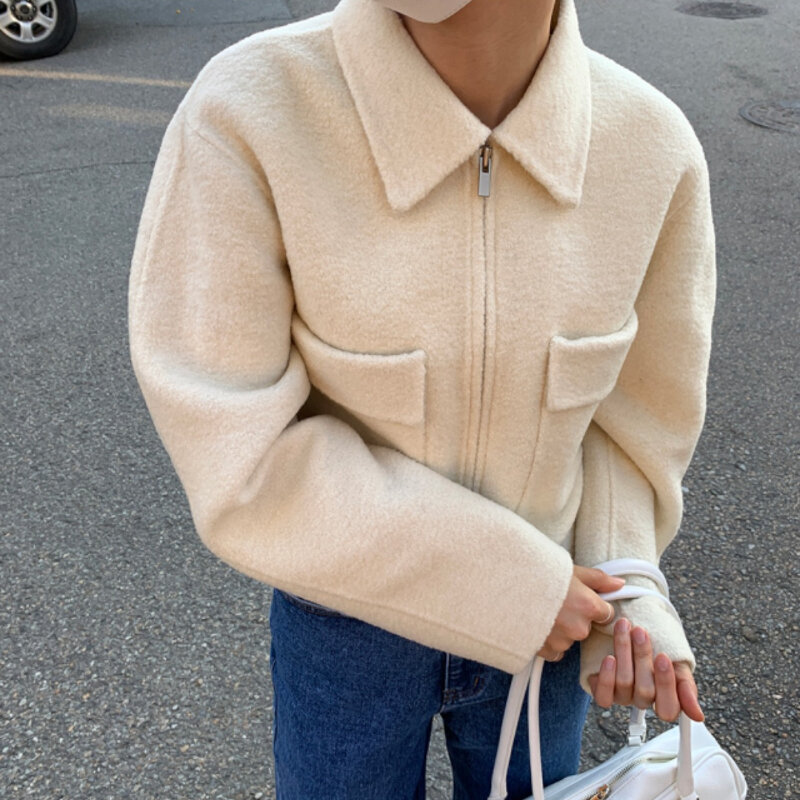 Mantel Jaket Besar Antik Mode Wanita Kerah Berkerah Pakaian Luar Longgar Lengan Panjang Atasan Chic Kardigan Saku Pendek 0121i