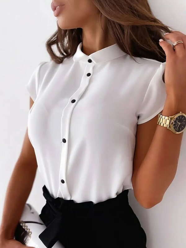 Ropa de trabajo para mujer, blusa blanca informal con cuello vuelto, Tops con botones delanteros, camisa informal de manga corta con lazo