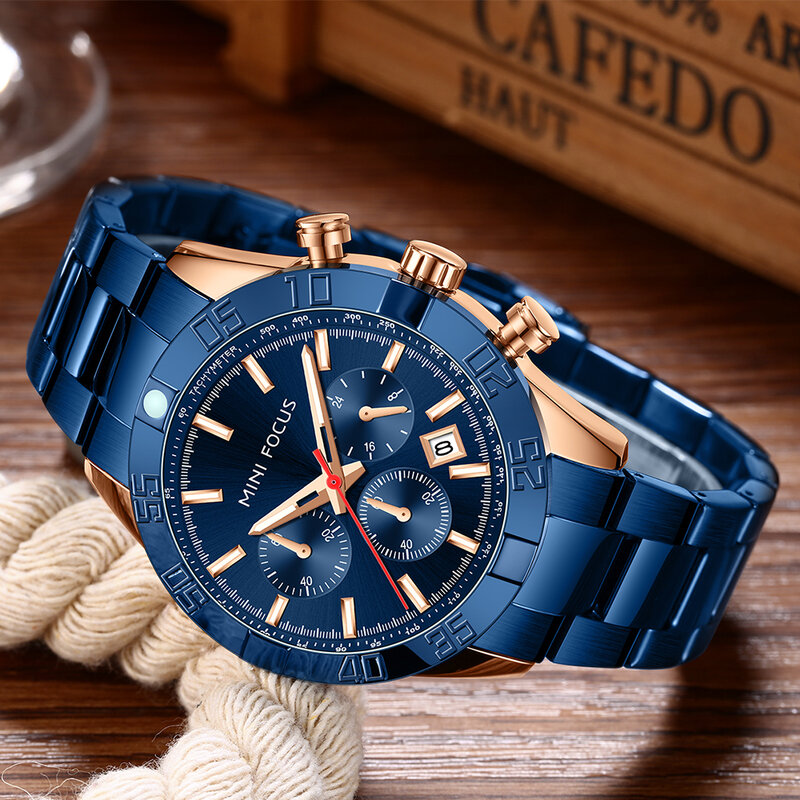 Спортивные часы MINI FOCUS, синие многофункциональные Мужские кварцевые наручные часы с подциферблатом и календарем, деловые часы с ремешком из...