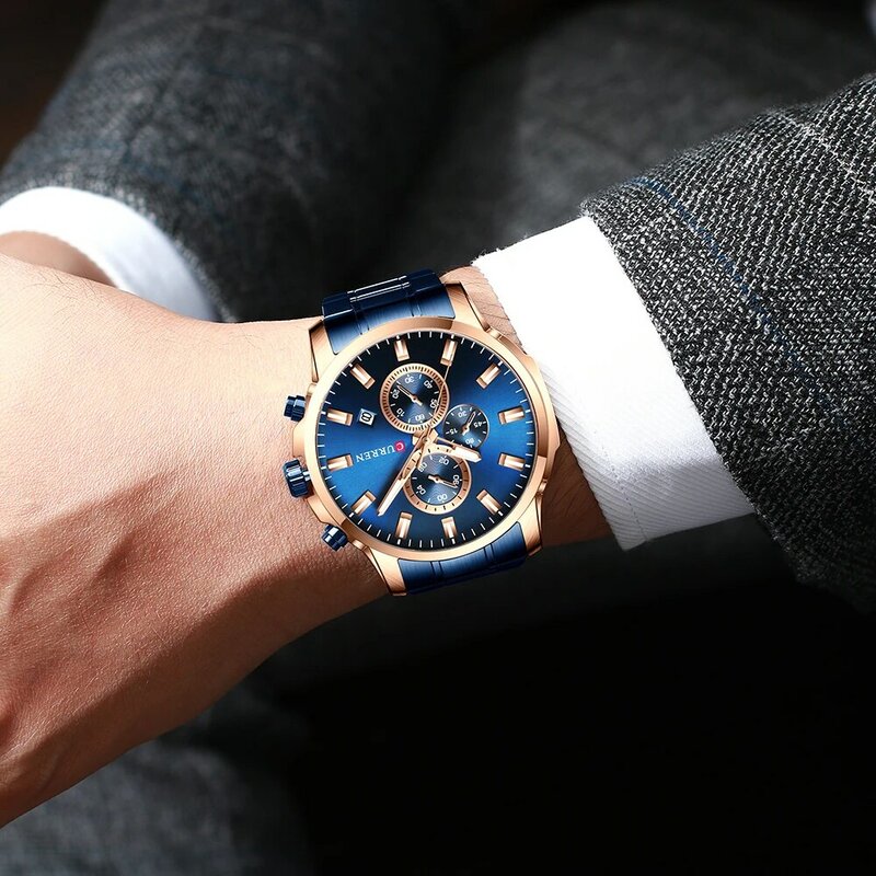 Curren relógio de quartzo esportivo masculino, relógio de marca de luxo com mãos luminosas cronógrafo data automática estiloso de aço inoxidável