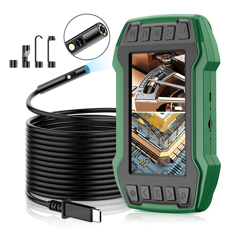 Dual Lens Flexible Endoscope 8mm Pipe Borescope Engine Video 1080P Sewer Snake Inspection Digital Scope Camera with 4.5"