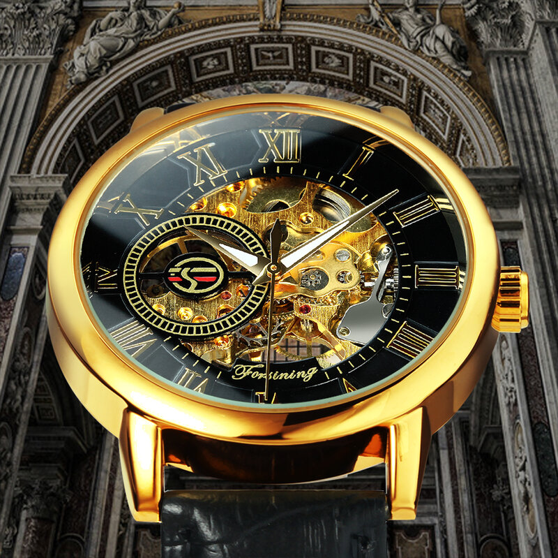Homem mecânico relógio de ouro dos homens relógios marca superior luxo 2021 vencedor relógio masculino esqueleto couro forsining 3d oco gravura